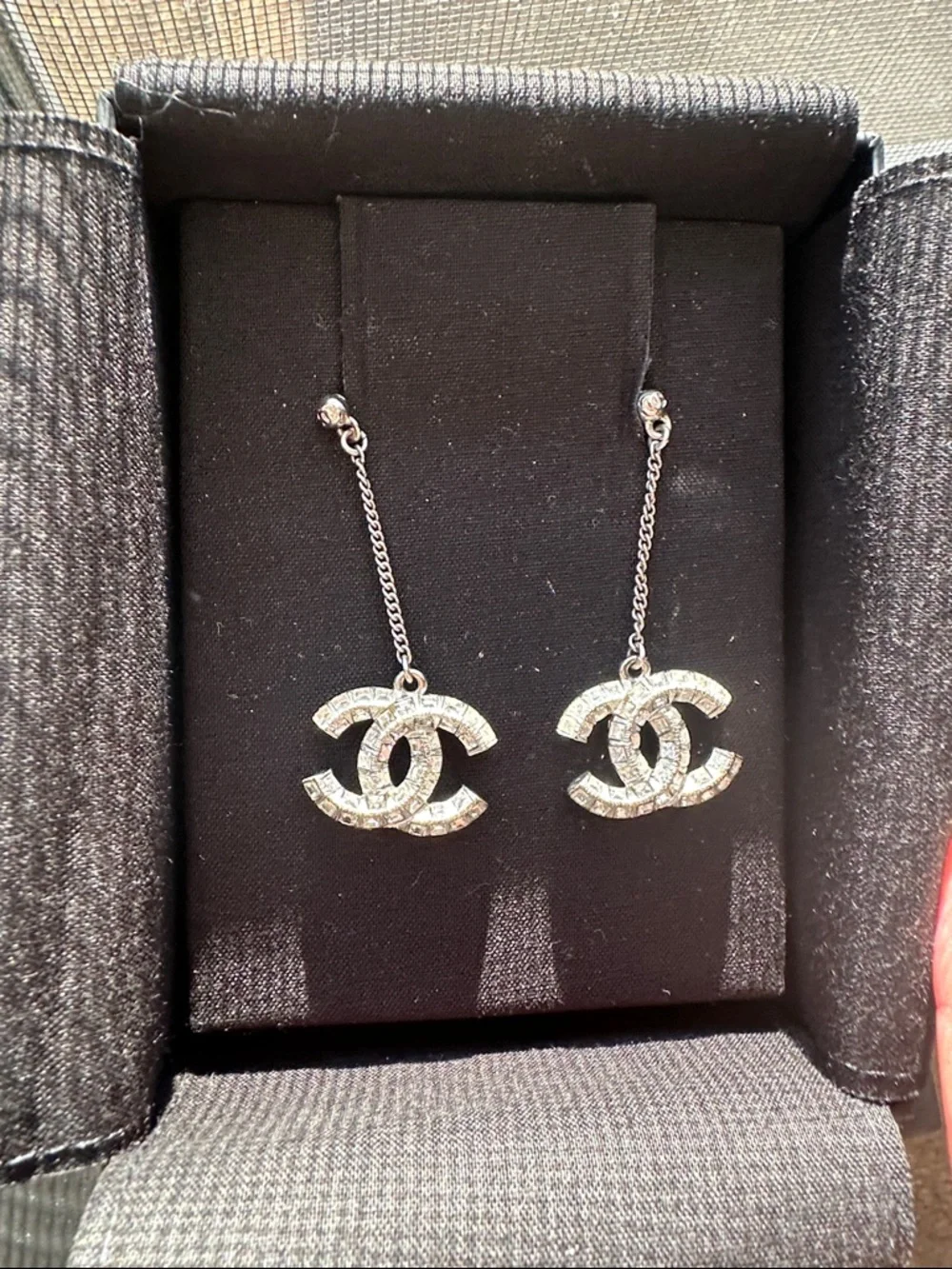 CHANEL Silver Crystal CC Dangle Earrings